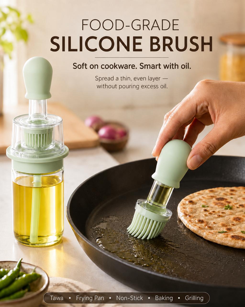A silicone oil brush with a pale mint green silicone head and clear body is shown being used to grease a black frying pan with oil, alongside a matching oil dispenser bottle. The scene is set in a warm kitchen environment with a flatbread on the pan, green chilies, and onions in the background, with text overlays reading 'FOOD-GRADE SILICONE BRUSH'.