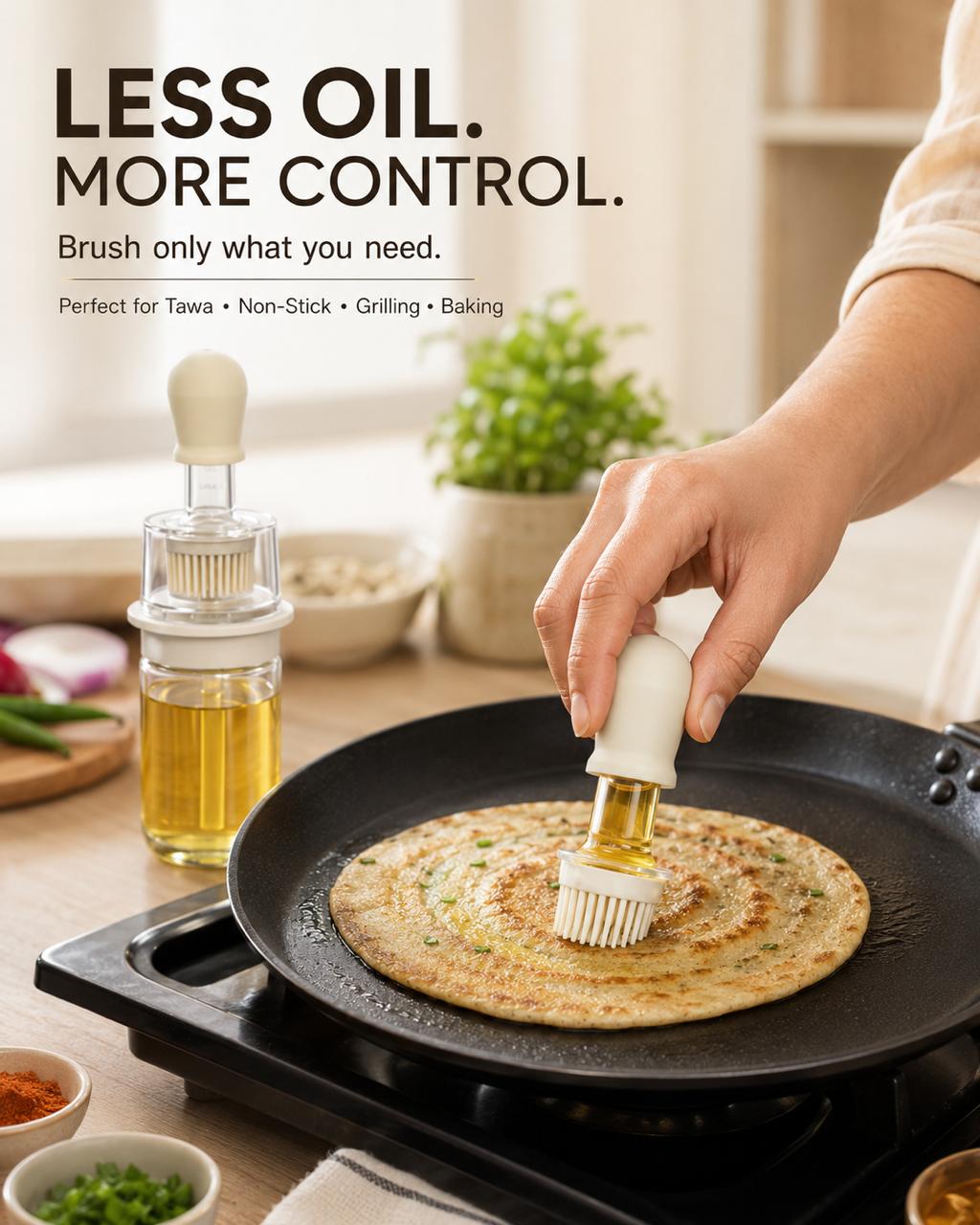 A person uses a white-handled oil brush with a gold-colored oil reservoir to apply oil to a round pan containing a flatbread or pancake. The scene is set in a bright kitchen with a glass oil bottle, small bowls of ingredients, and a stovetop.