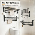 Grey no-drill towel racks in a modern bathroom