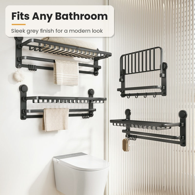 Grey no-drill towel racks in a modern bathroom