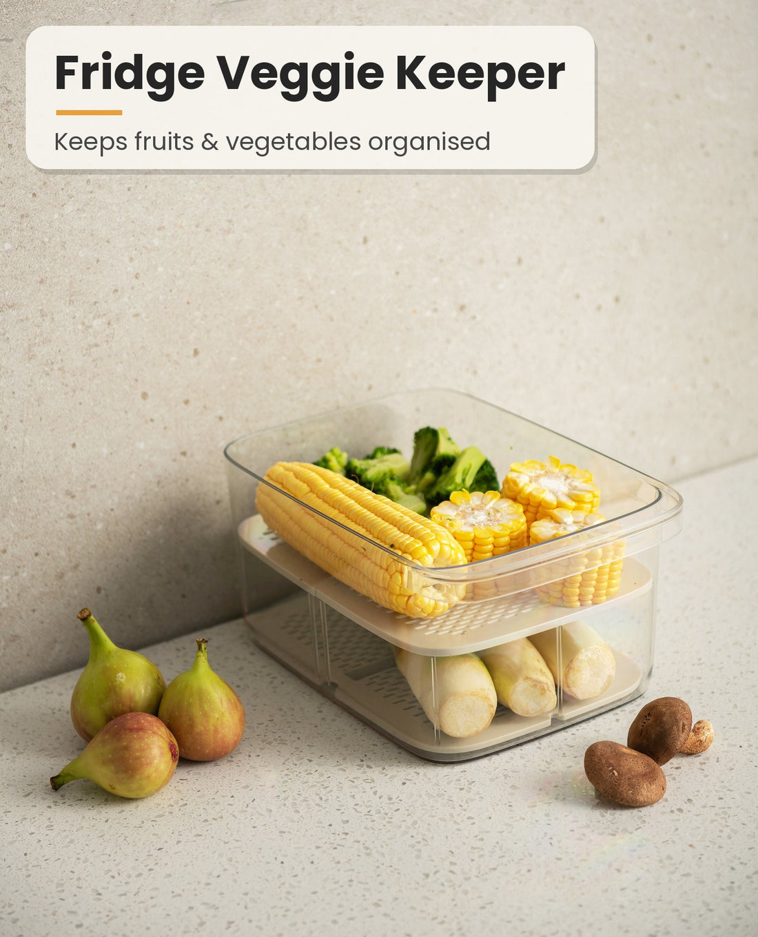 La Basera fridge storage box with grey lid and 2 drain trays