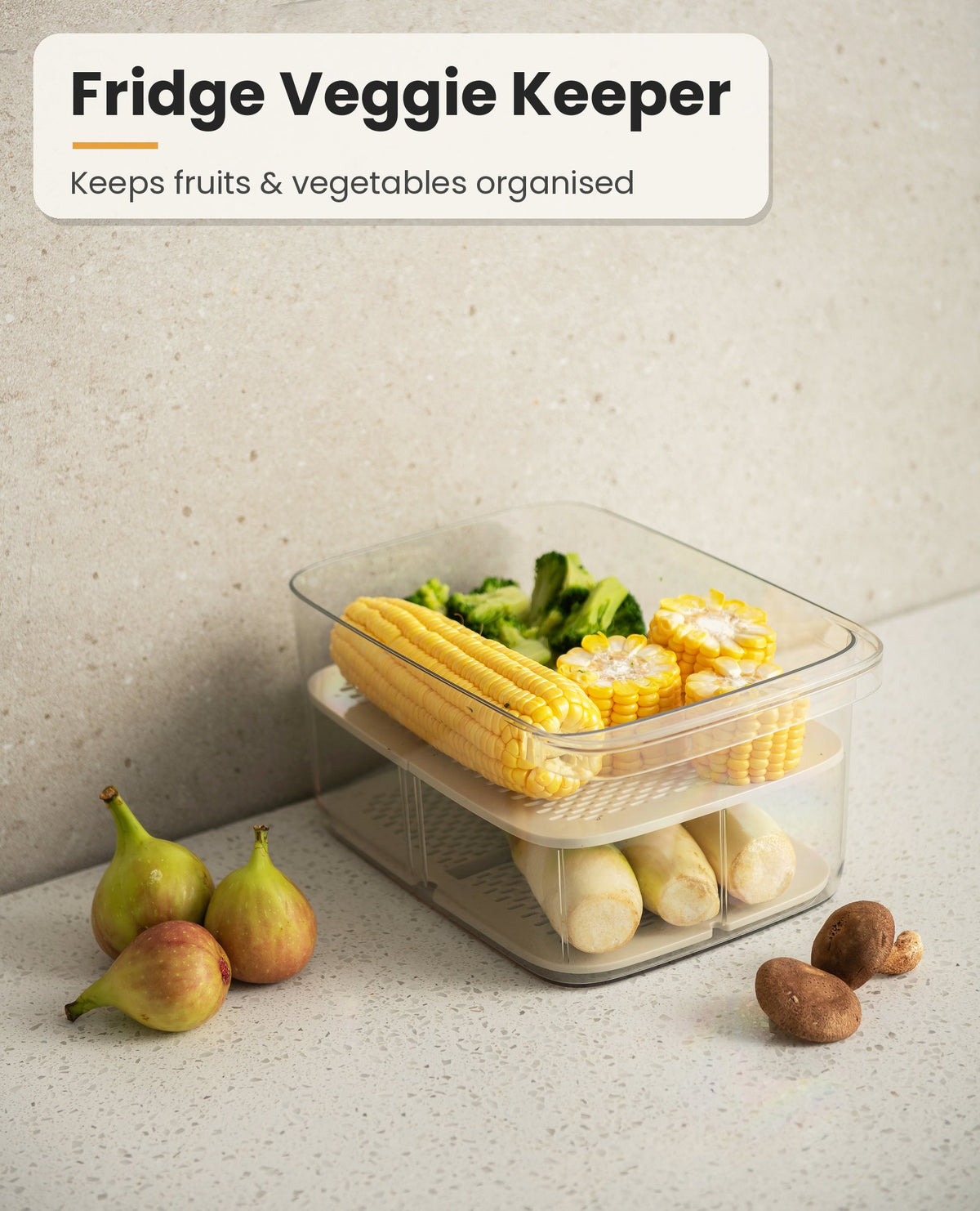 Fridge storage box with corn, broccoli and vegetables
