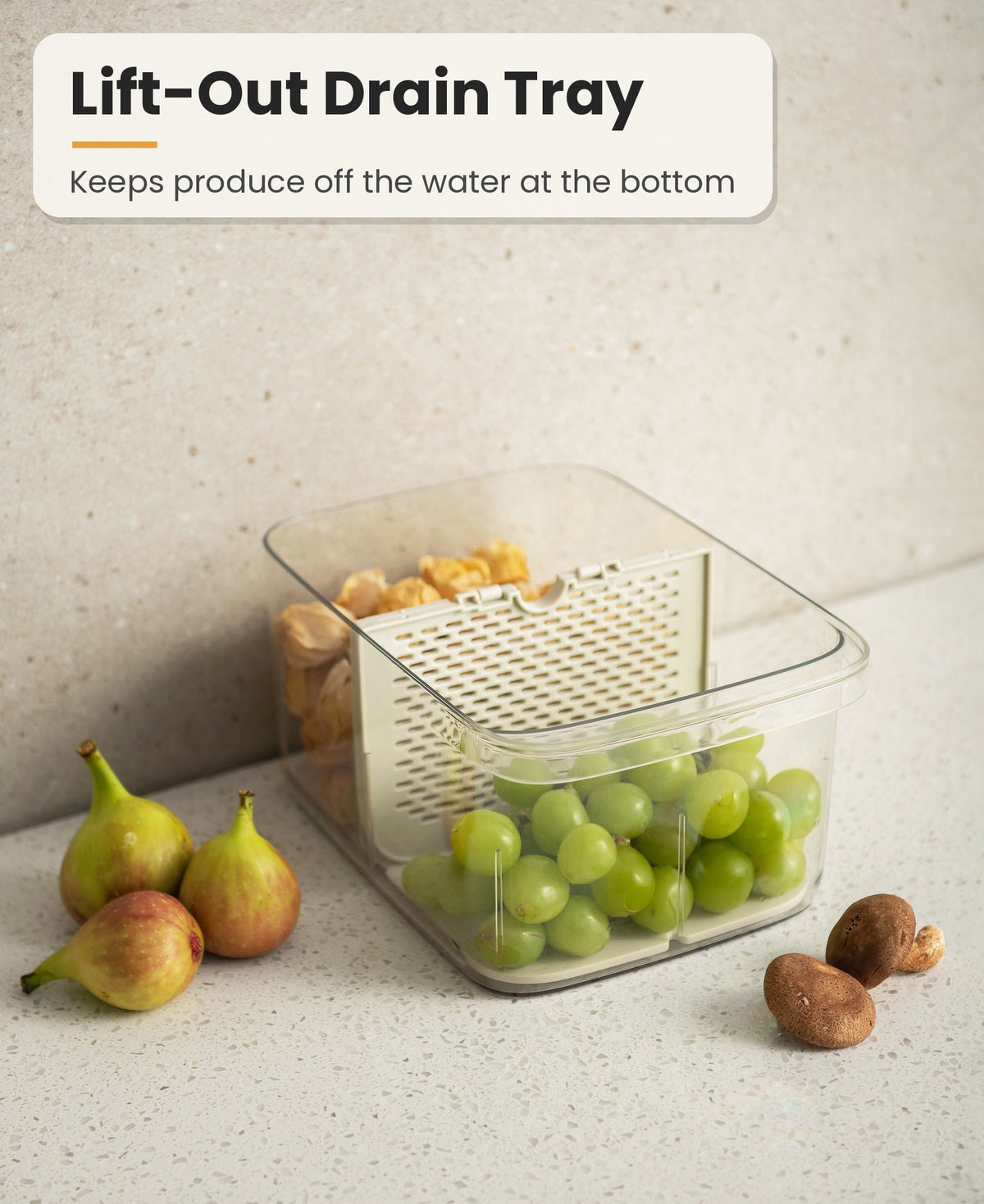 Lift-out drain tray in fruit storage container