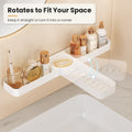 Rotating bathroom shelf turns from straight to corner