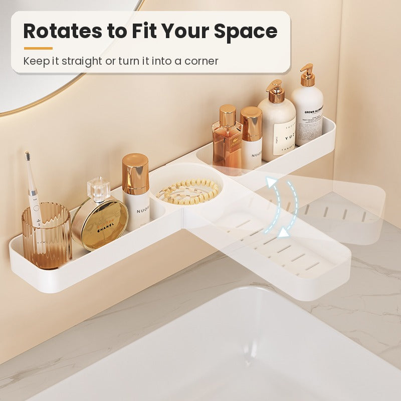 Rotating bathroom shelf turns from straight to corner