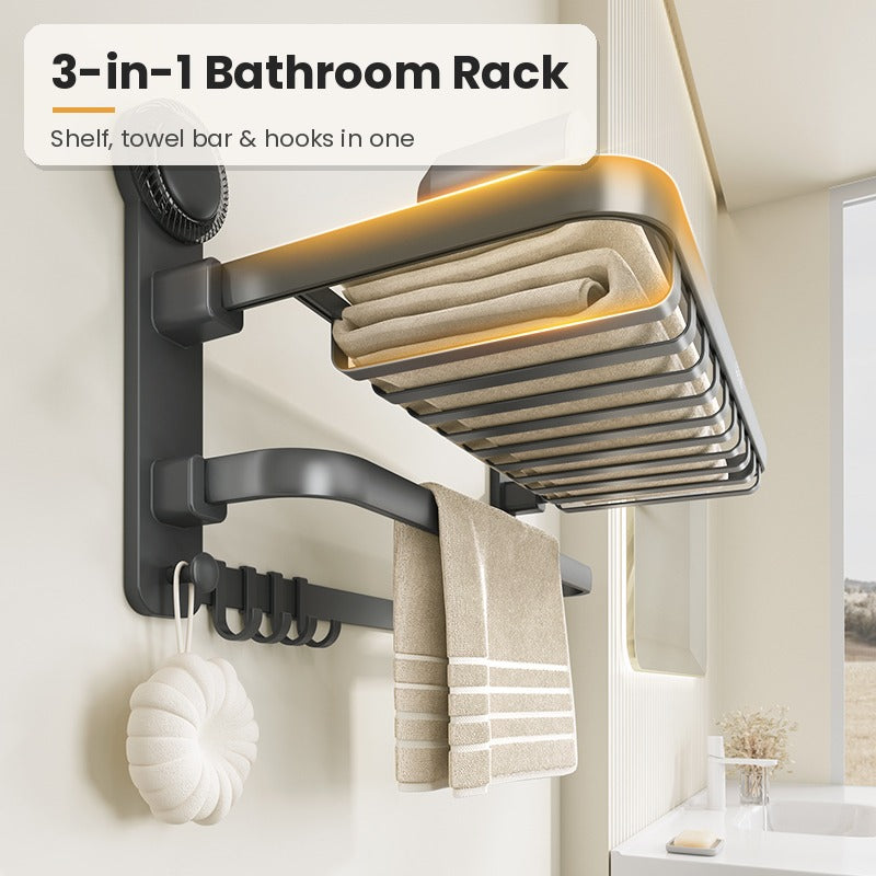 3-in-1 bathroom towel rack with shelf, towel bar and hooks