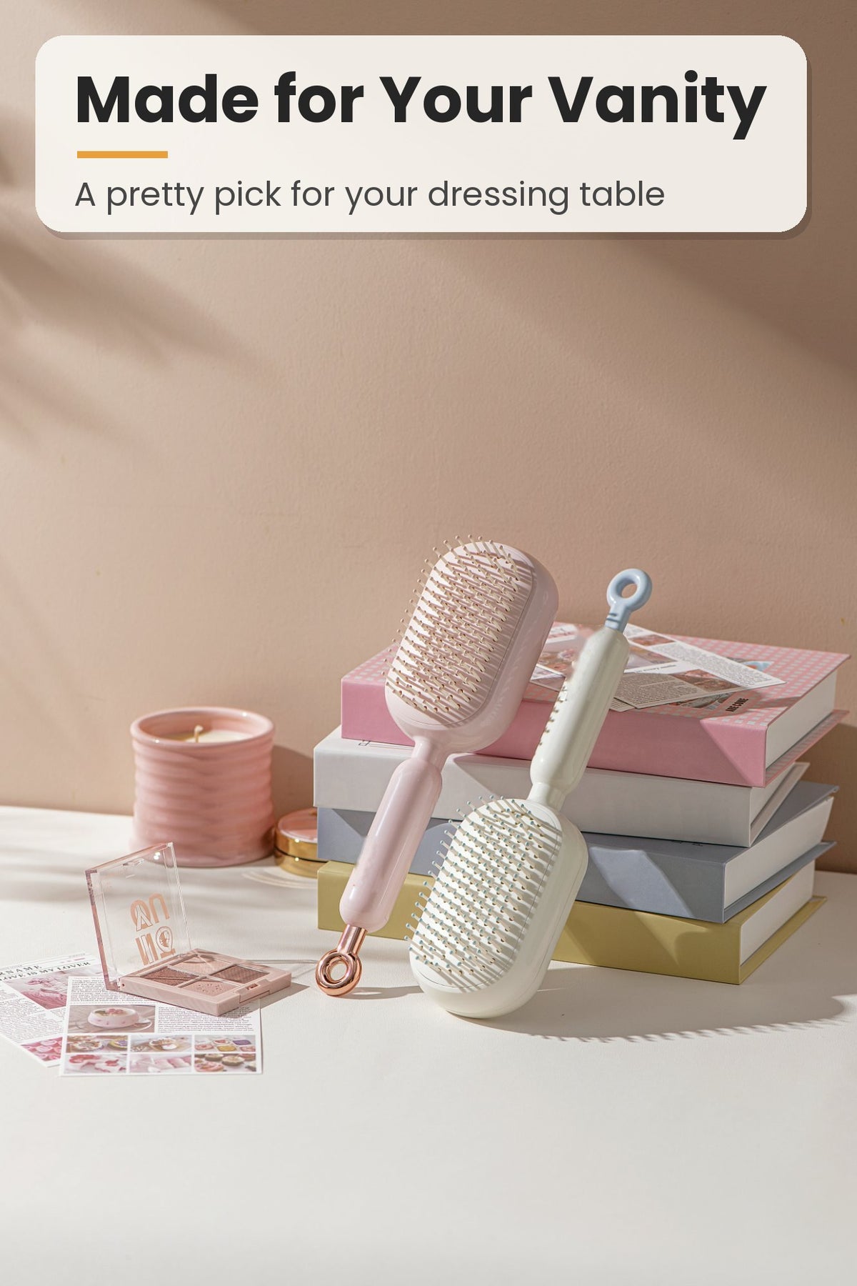 Self-cleaning hair brush on a vanity table