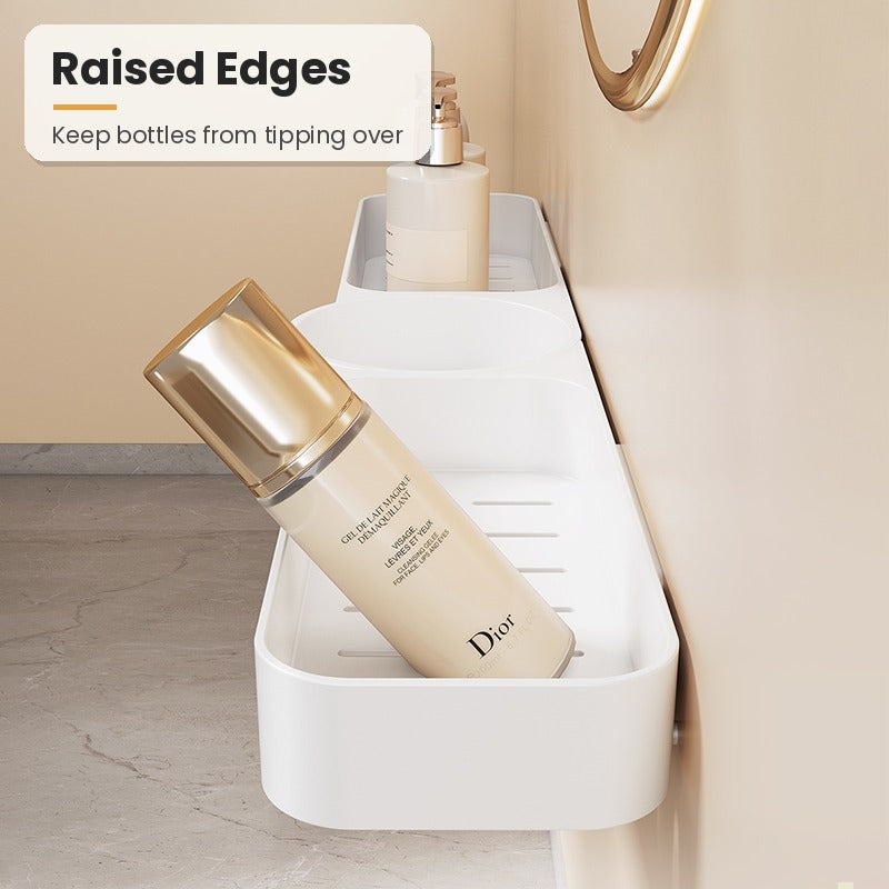 Bathroom shelf with raised edges