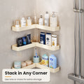 Cream corner shelves stacked in a shower corner