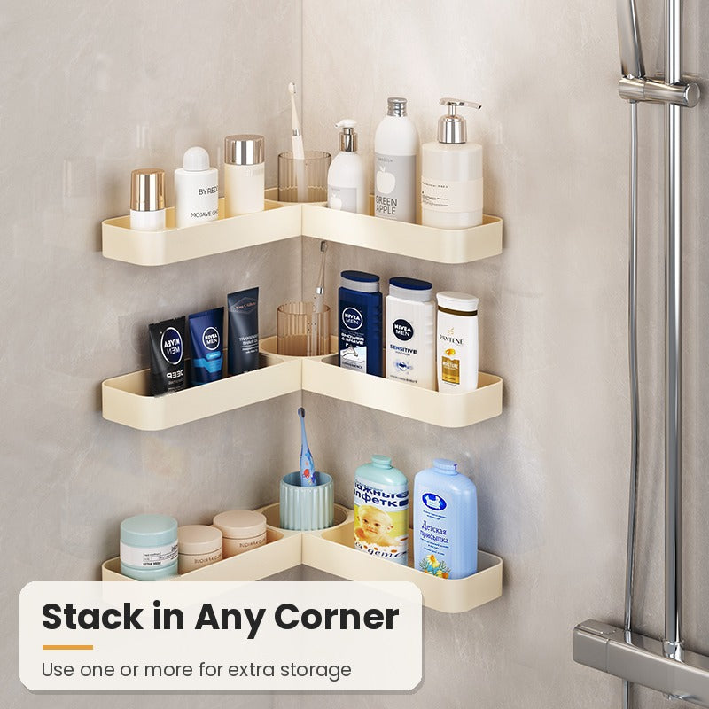 Cream corner shelves stacked in a shower corner