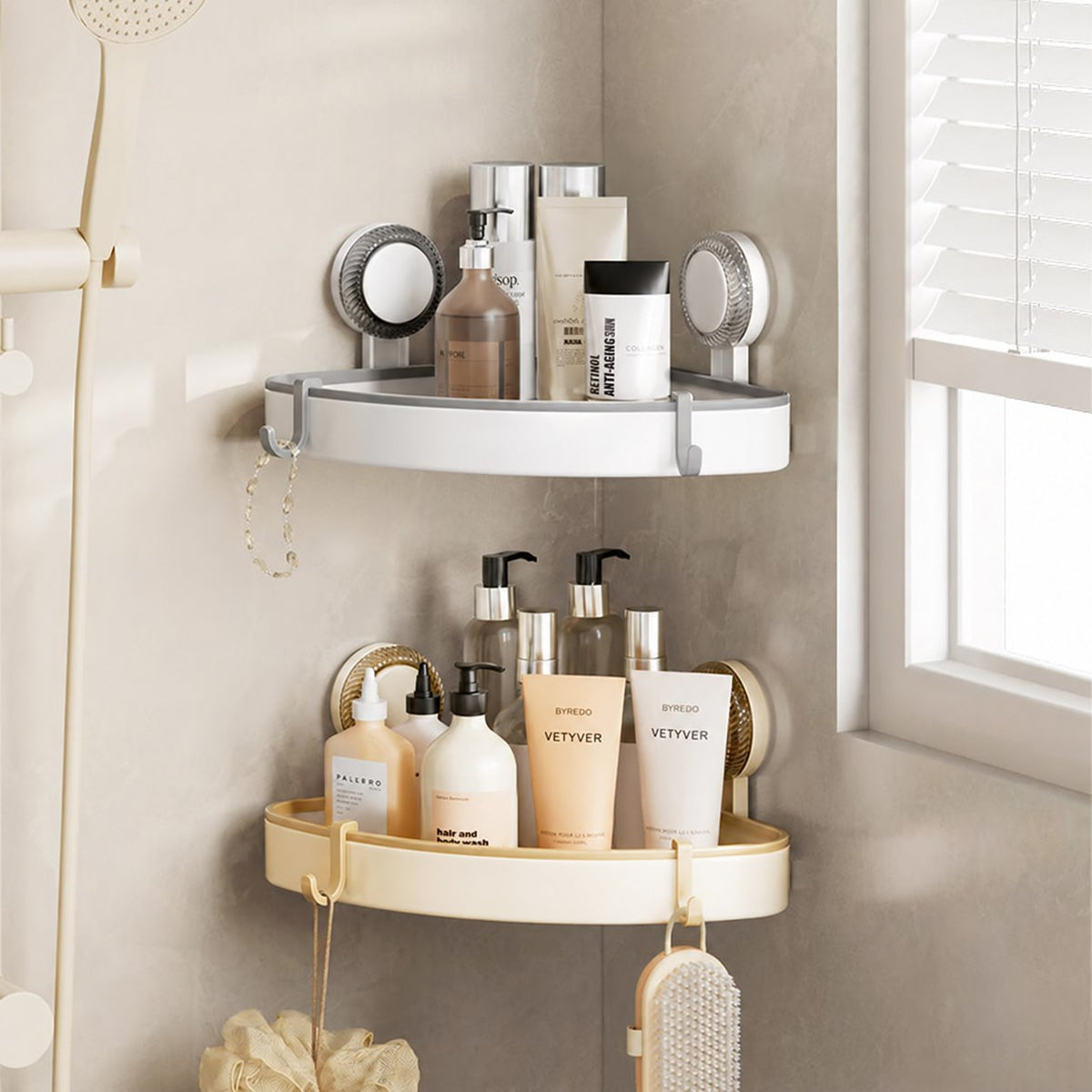 La Basera suction cup corner shelf in gray and cream mounted in a bathroom