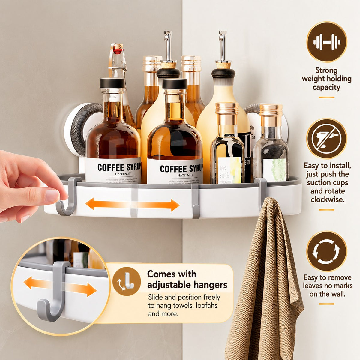 Corner shelf features: adjustable hooks, strong weight capacity, easy install and removal