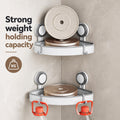 Gray suction corner shelves holding toiletries in a shower