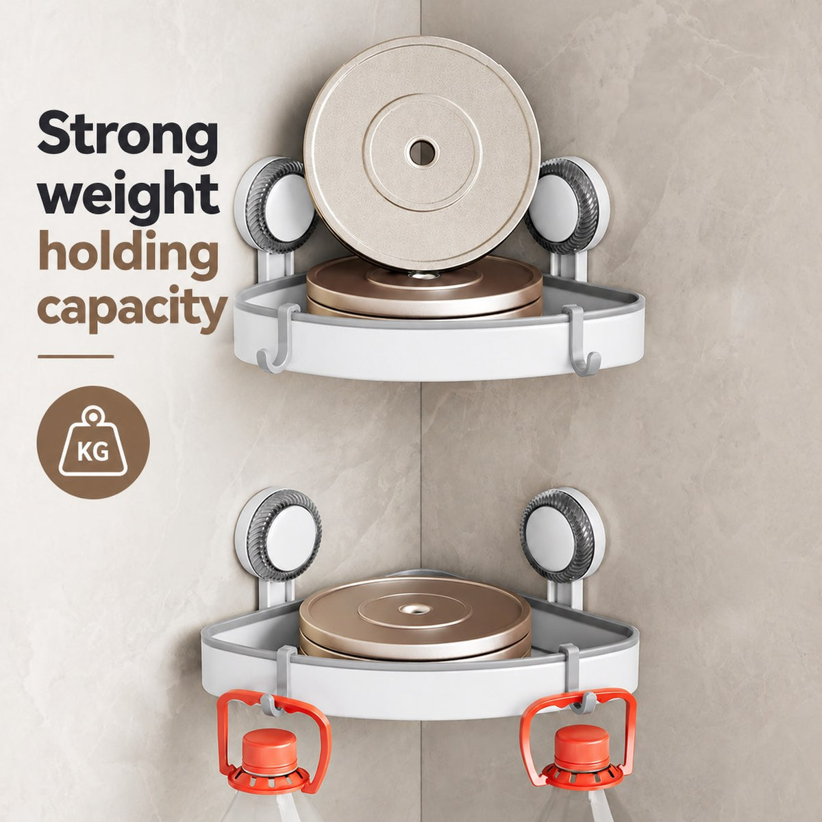Gray suction corner shelves holding toiletries in a shower