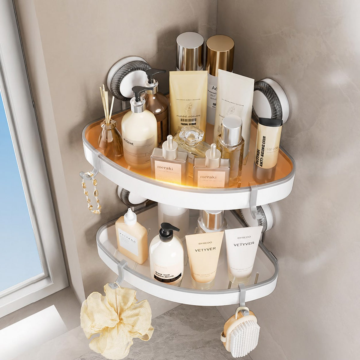 Cream corner shelves with drainage holes letting water drain