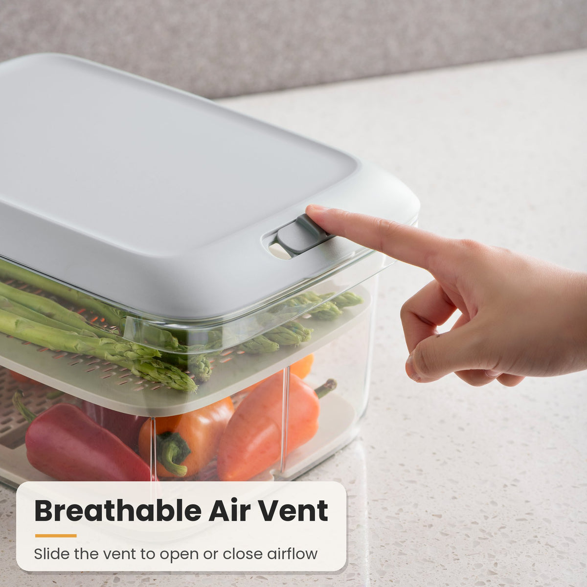 Adjustable air vent on grey fridge storage box lid