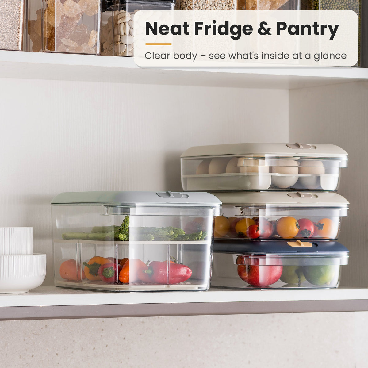 Clear storage boxes organising fridge and pantry
