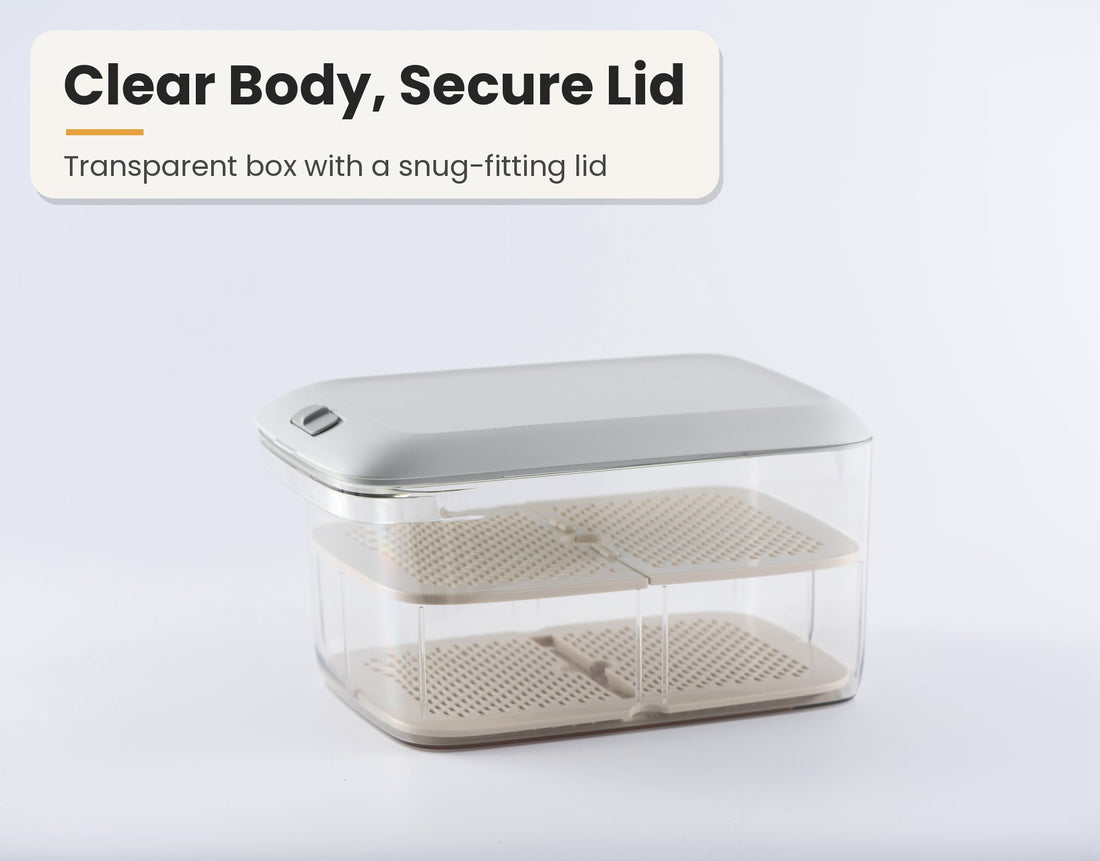 La Basera fridge storage box with grey lid and 2 drain trays
