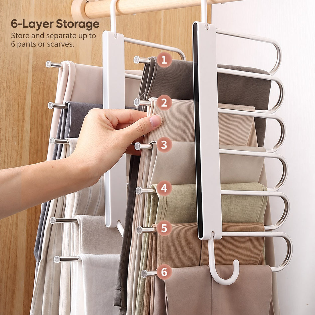 La Basera 6-layer folding pant rack, black strip, holding 6 pants