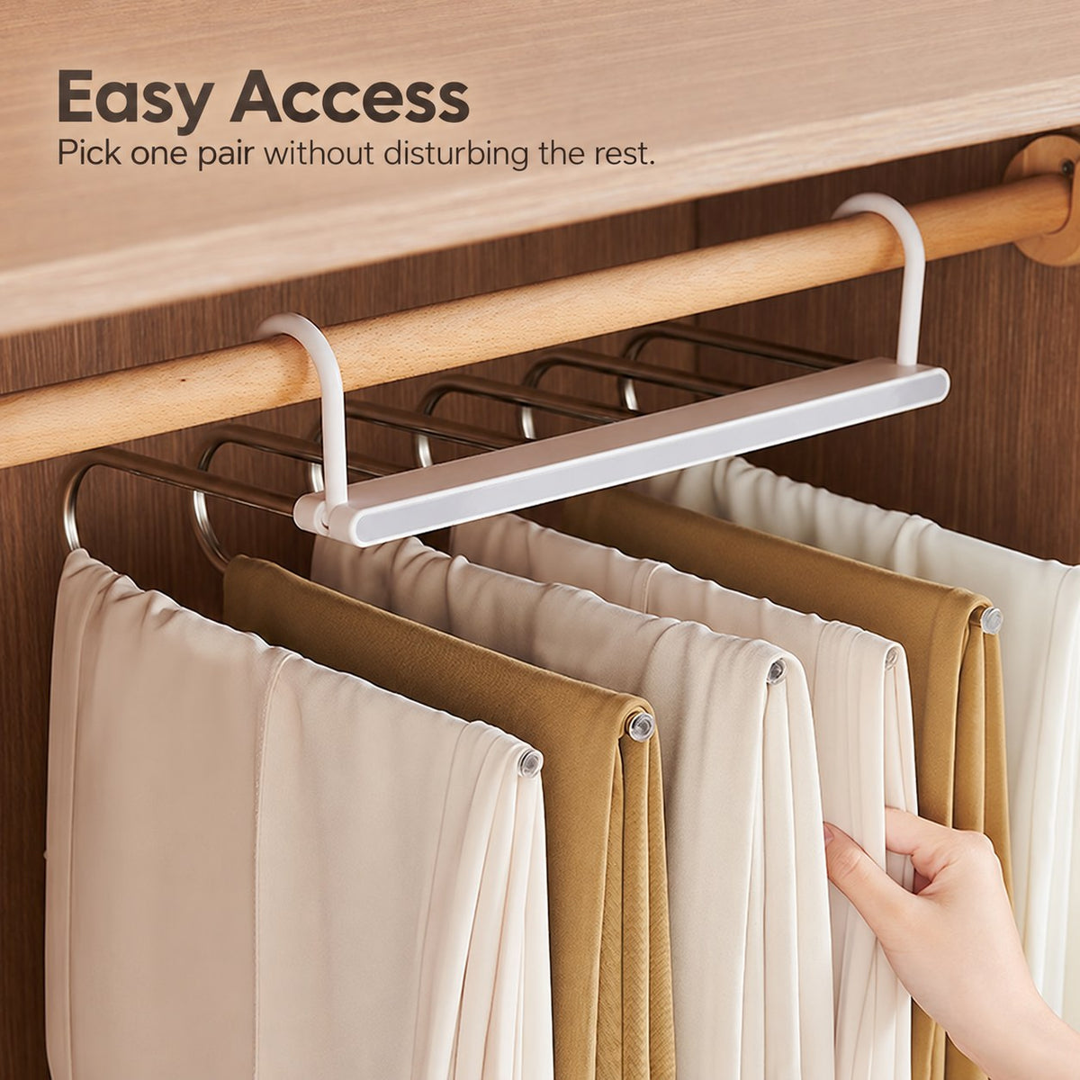 La Basera folding pant rack, grey strip, easy access to pants in wardrobe