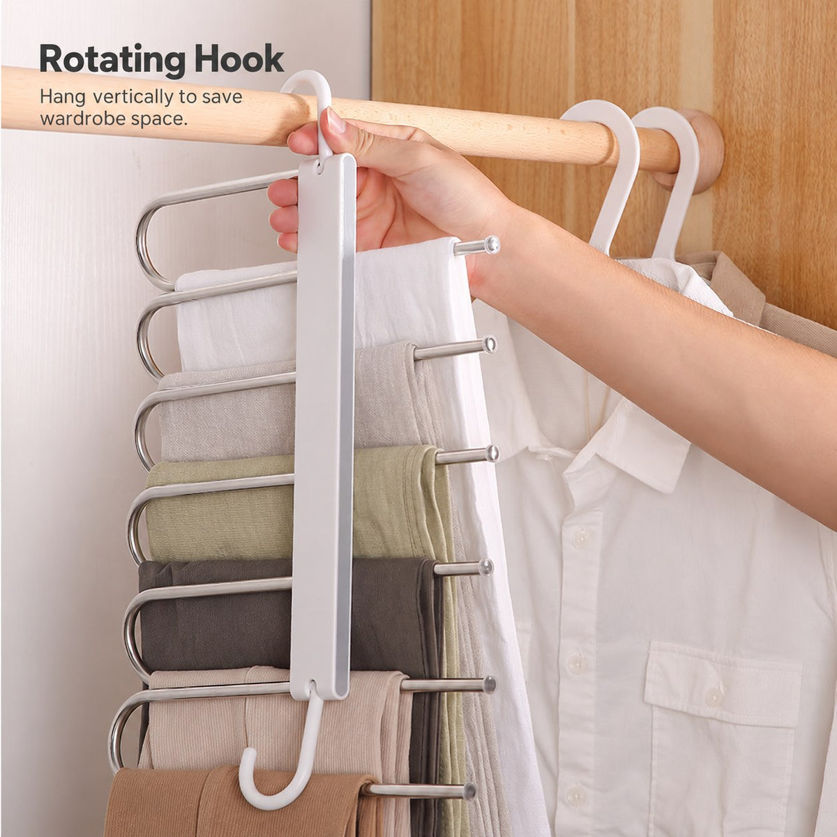 La Basera pant rack, grey strip, rotating hook hung vertically