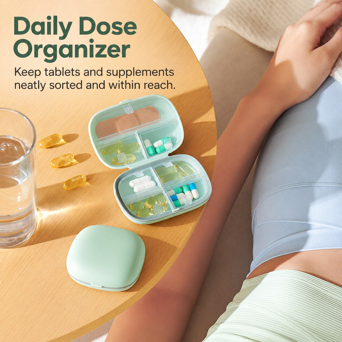La Basera green pill box organizer with separate compartments and flip lids