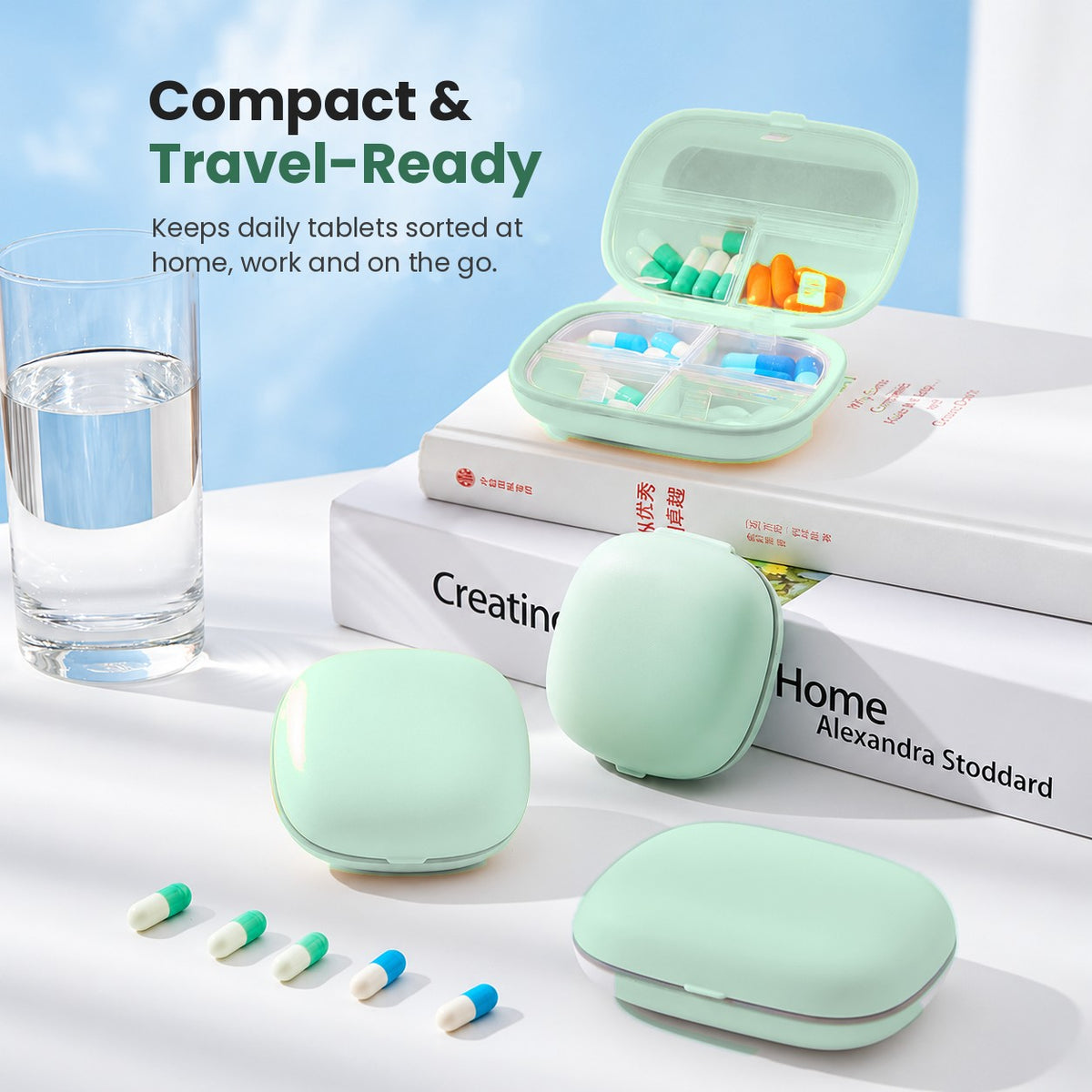 La Basera green portable pill box organizer, compact and travel-ready